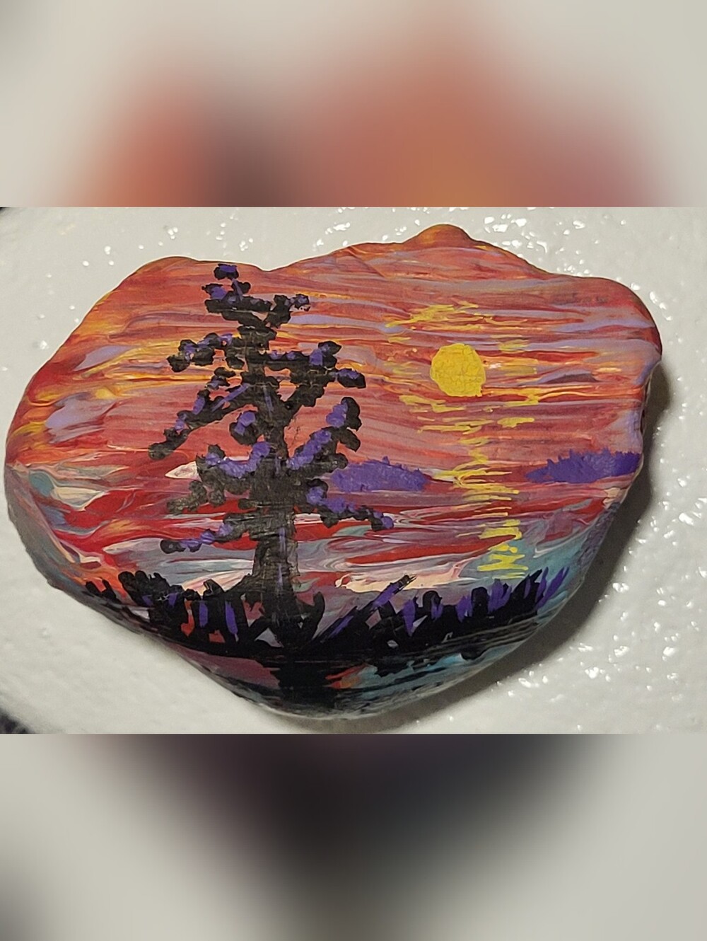 Sunset On The San Juan Islands Hand-Painted Heart Rock - Purple & Yellow